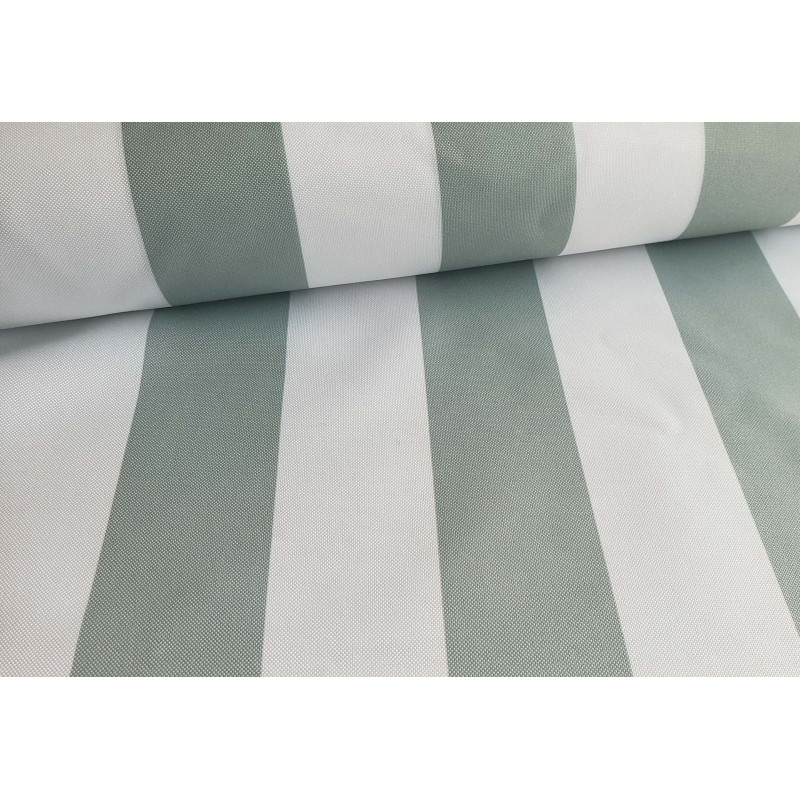 sage and white striped waterproof canvas fabric for outdoor cushions and upholstery, placed with the fold
