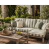 Patio with furniture upholstered in sage and white fabric