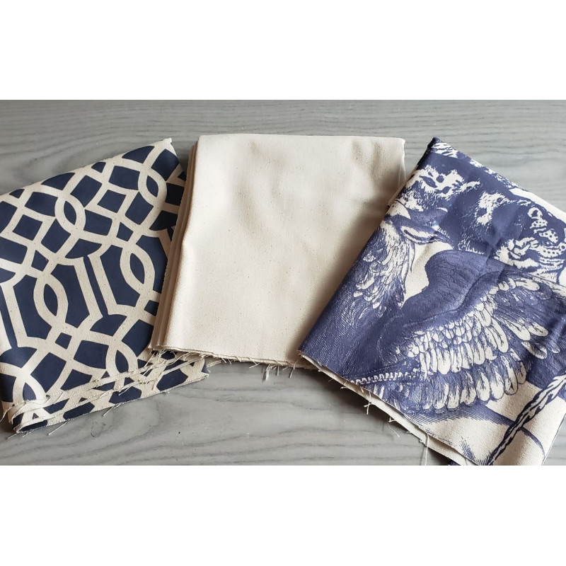 Cotton canvas remnants bundle - traditional design - 3 pieces, placed on a grey table