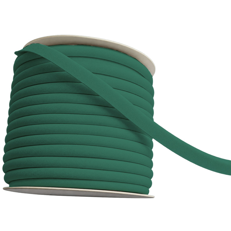 A full reel of plain, fern green flanged piping cord on a white background
