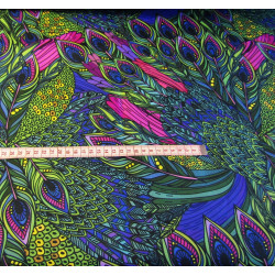 Waterproof fabric - stylized peacock feathers design, capture of the fabric with a measuring tape
