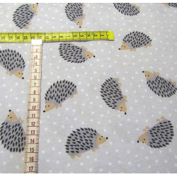 Cotton interlock jersey - Hedgehogs on light grey, the pattern with measuring tape