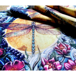 Fabric Panel - Dragonfly on the Sun in vintage style printed on 100% cotton panama fabric