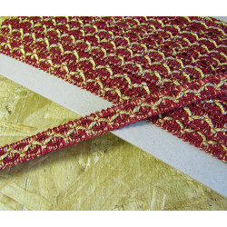 Two tone Gimp trim 18mm - dark red& gold, full reel, placed on a wooden table