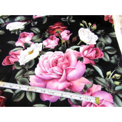 Upholstery velvet printed in Roses bouquets pattern on black background-photo with measuring tape