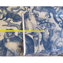 QUIRKY ANIMALS - navy - velvet fabric, on beige background, engraving style animals. On the photo pattern with the ruler