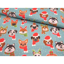 Christmas Dogs on  blue - 100% Cotton