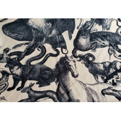 QUIRKY ANIMALS - black - velvet fabric, on beige background, engraving style animals,