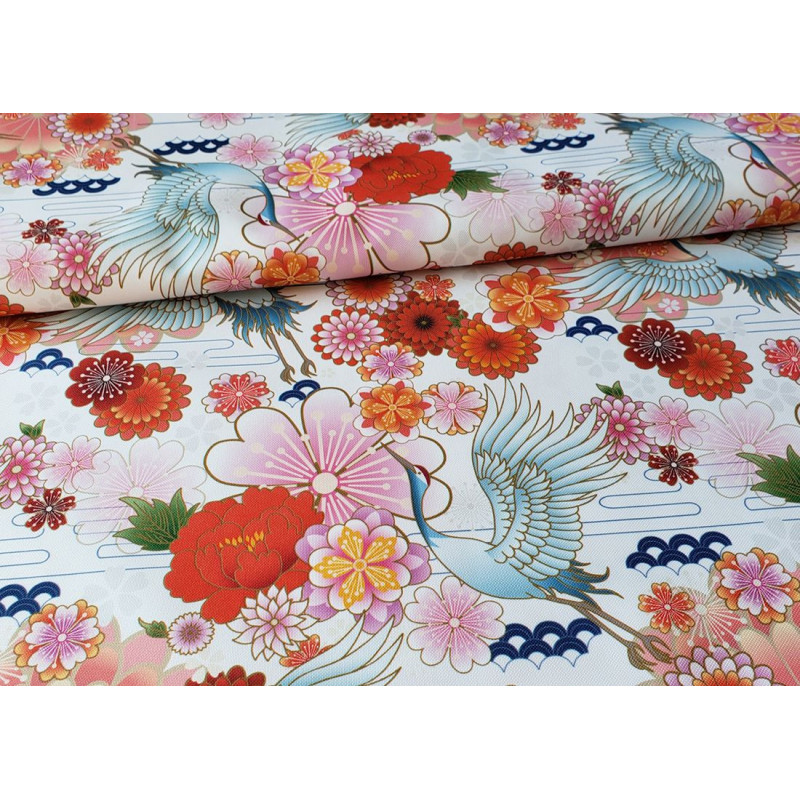 Cranes and flowers on white - Water Resistant Fabric