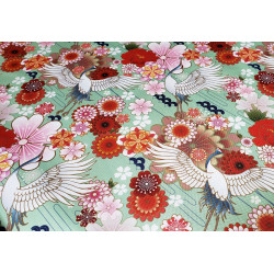 Waterproof Fabric - Cranes and flowers on green