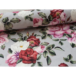 Upholstery velvet printed in Roses bouquets pattern on grey background- close up photo