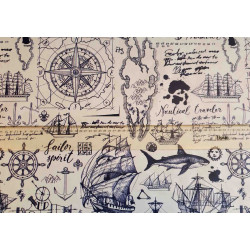 Outdoor 100% waterproof fabric - OLD SEA MAPS pattern  in white color with measuring tape