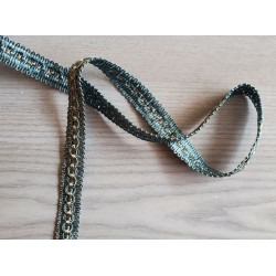Two tone gimp trim 20mm - teal blue&beige, twisted trim, twisted placed on a grey table