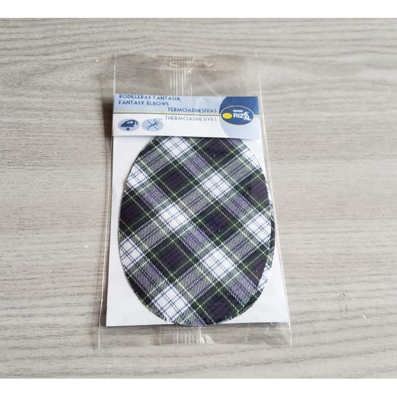 Iron-on elbow patches - tartan green-navy-white colors on a grey background