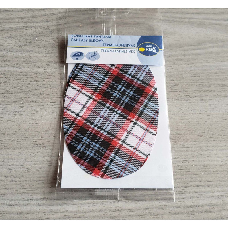 Iron-on elbow patches - tartan in red-black- blue-white on a grey background