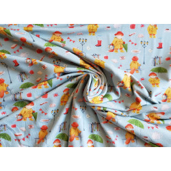 Mr Fox with Umbrellas on light blue jersey fabric is twisted to show its softness