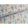 Mr Fox with Umbrellas on light blue jersey fabric the photo shows the lovely colors of the fabric , orange, red , green