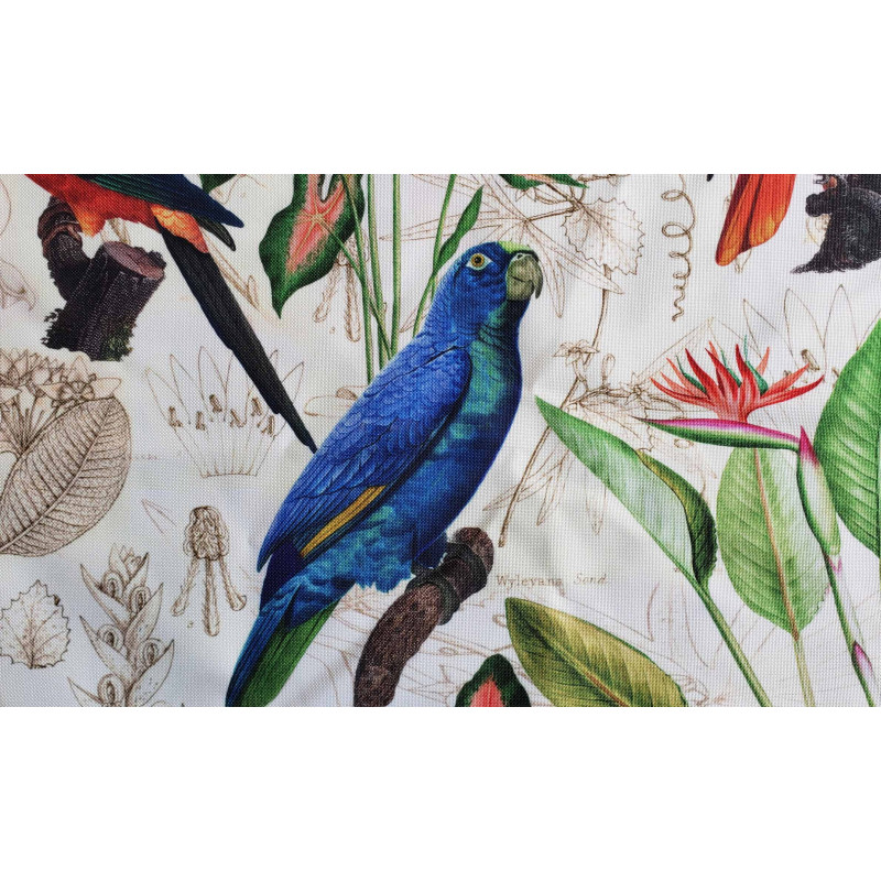 outdoor upholstery fabric, vintage parrot design , close up on the blue parrot