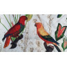 outdoor upholstery fabric, vintage parrot design , close up on red and orange parrot