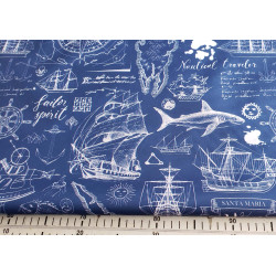 Outdoor 100% waterproof fabric - OLD SEA MAPS pattern  in navy color photoshoot with measuring tape