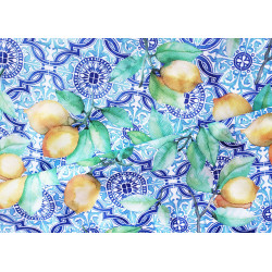 Water- repellent fabric printed with lemons on azulejos tiles in blue&white