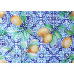 Water- repellent fabric printed with lemons on azulejos tiles in blue&white, full view on the pattern repeat