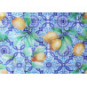 Water- repellent fabric printed with lemons on azulejos tiles in blue&white, full view on the pattern repeat