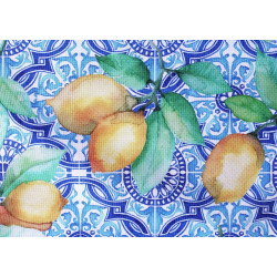 Water- repellent fabric printed with lemons on azulejos tiles in blue&white, pattern close up