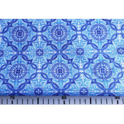 Water- repellent fabric printed in azulejos tiles in blue&white, the shot with measuring tape