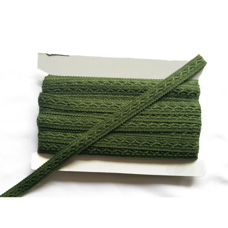 Cotton gimp trim 20mm wide in forest green color, full reel view on white background