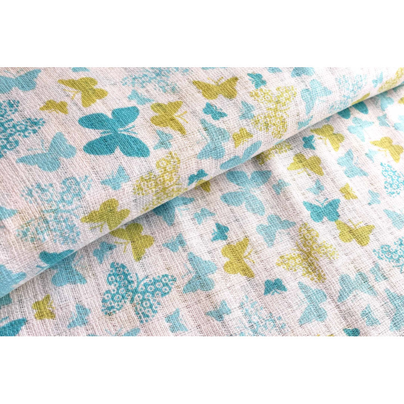 Cotton double gauze fabric - small butterflies in aqua blue and yellow, capture with fold