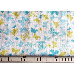 Cotton double gauze fabric - small butterflies in aqua blue and yellow, capture with measuring tape