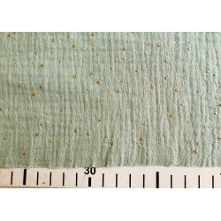 Double gauze fabric with gold speckles - 100% cotton fabric in sage color with measuring tape