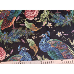 Colorful peacocks on black background, upholstery velvet , capture of the fabric with the ruler