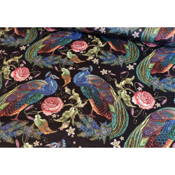 Colorful peacocks on black background, upholstery velvet , capture of the full pattern