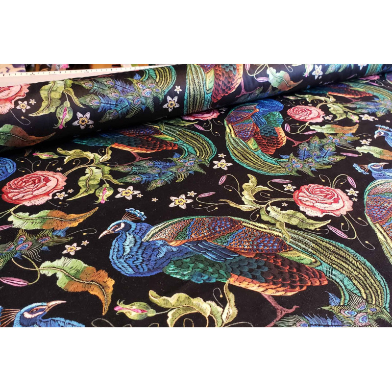 Colorful peacocks on black background, upholstery velvet sold in optional sizes