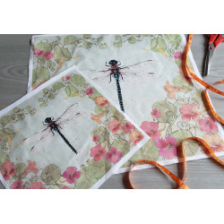 Fabric Panel - Dragonfly&nasturtium in vintage style printed on 100% cotton panama fabric, set of two panel sizes