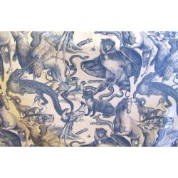 QUIRKY ANIMALS - navy - velvet fabric, on beige background, engraving style animals,