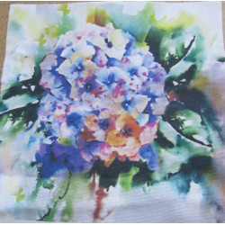 100% cotton fabric panel printed in watercolor hydrangea, a very artistic, watery look of the flower