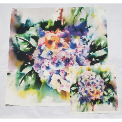 100% cotton fabric panel printed in watercolor hydrangea, comparison of two sizes of panels