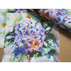 100% cotton fabric panel printed in watercolor hydrangea, a very artistic, watery look of the flower