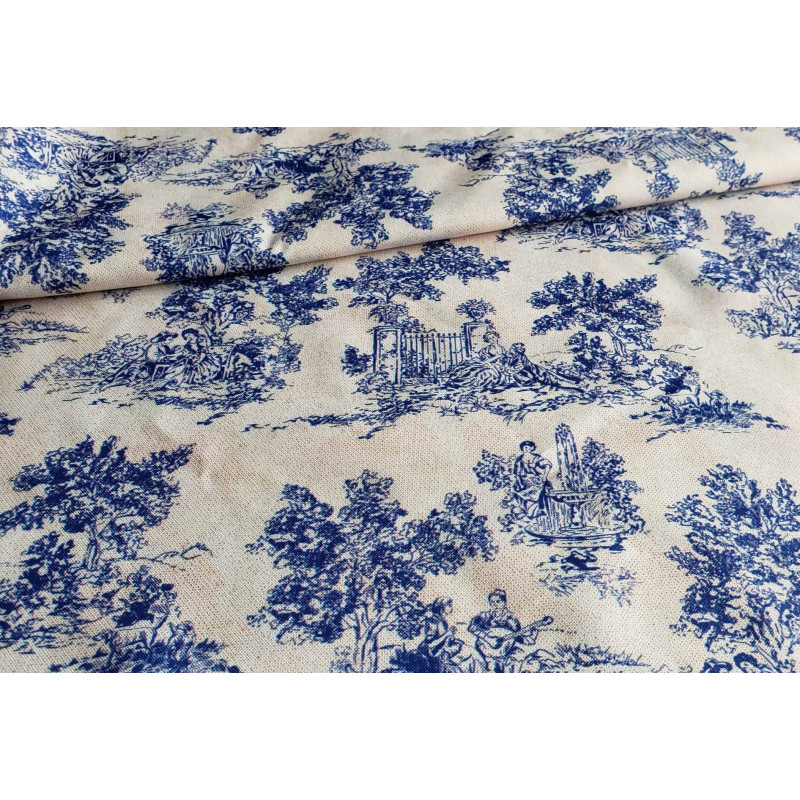 Toile de Jouy - navy on linen look - Water-resistant fabric