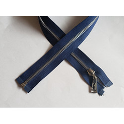 Open-ended plastic zip with a metal look  in navy blue color, 60cm long - nickel, on the white background