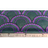 Peacock scallops on teal background, printed velvet fabric, pattern with ruler