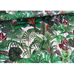 Palm paradise on beige background, printed velvet fabric, capture with the fold