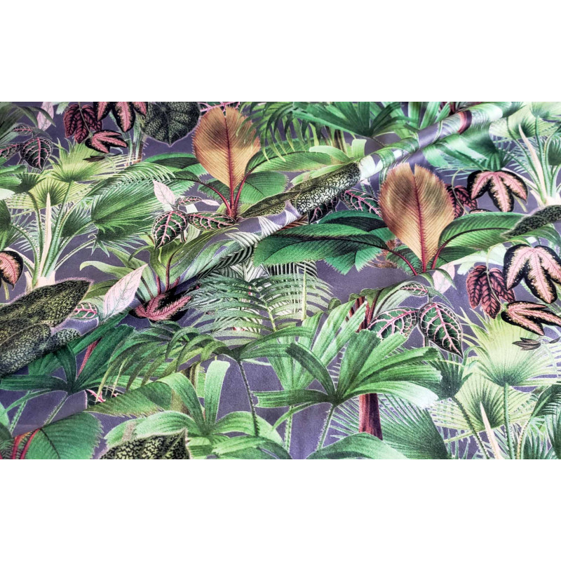 Palm paradise on dark grey background, printed velvet fabric, capture with the fold