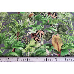 Palm paradise on dark grey background, printed velvet fabric, capture with measuring tape