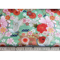 Waterproof Fabric - Cranes and flowers on light green, the capture with measuring tape
