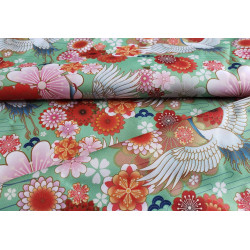 Waterproof Fabric - Cranes and flowers on light green, the capture with the fold