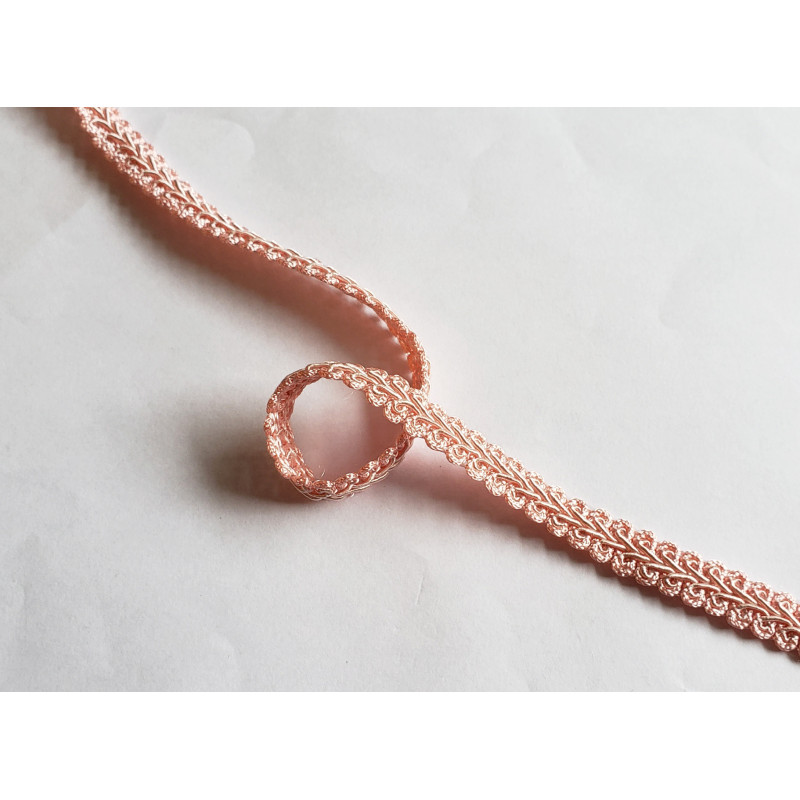 Silky gimp braid 9mm - scroll - peach pink color, twisted on the white background